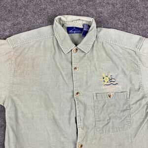 Laundromat Casual Button Womens L Green Corduroy Embroidered Short Sleeve Shirt